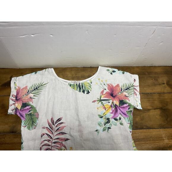Terzo Millennio Small Tunic Blouse Linen Floral Hi Lo Coastal Lagenlook Italy - Picture 2 of 11